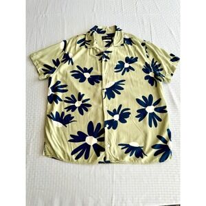 Original Use Mens Floral Daisy Print Rayon Short Sleeve Shirt Green Large